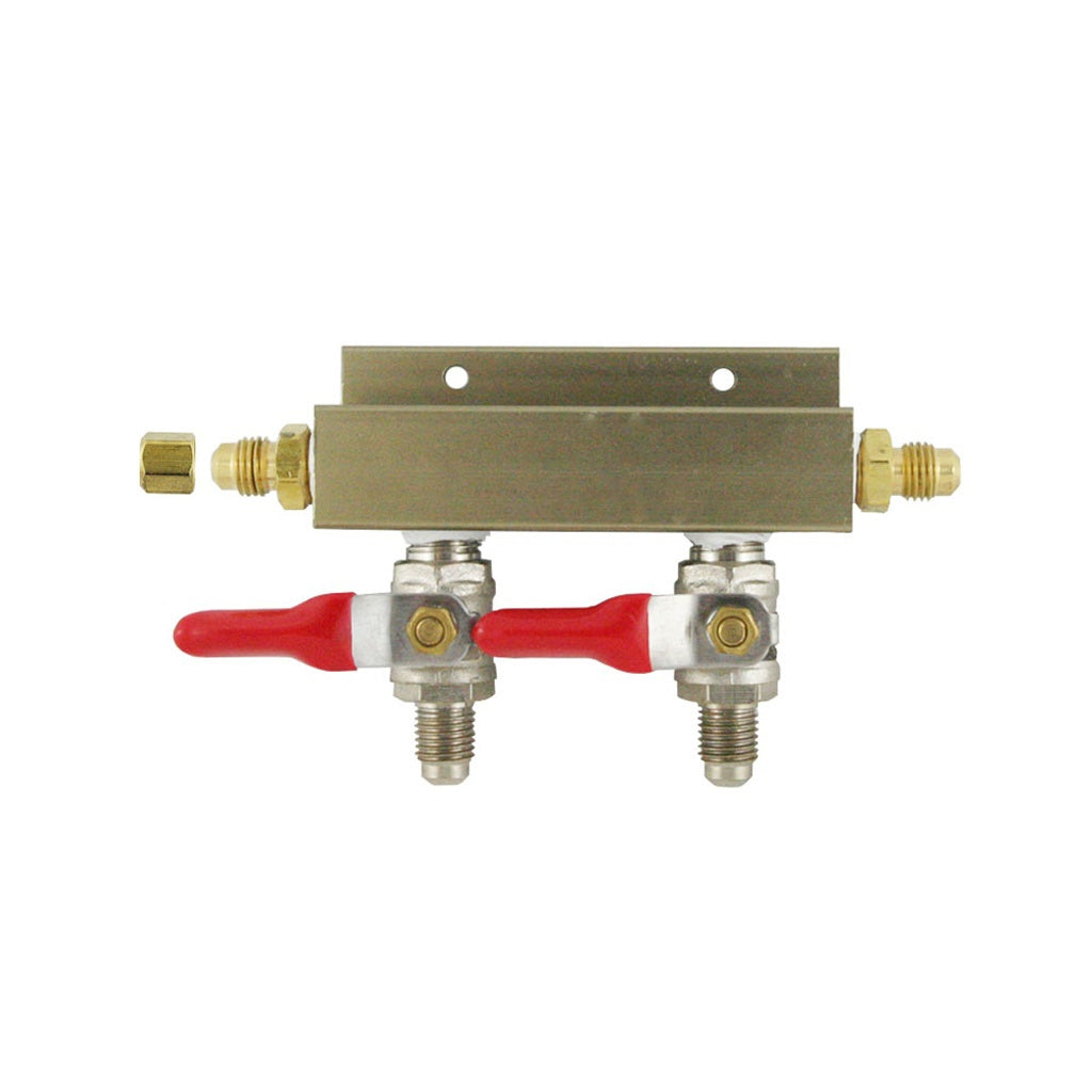 Aluminum Air Distribution, 2-Out 1/4" Male Flare-Shutoff No Check Valve