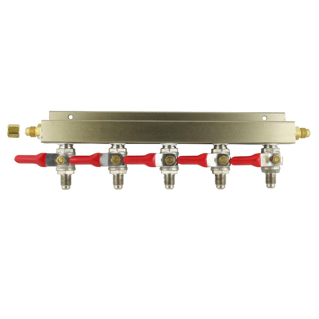 Aluminum Air Distribution, 5-Out 1/4" Male Flare-Shutoff No Check Valve