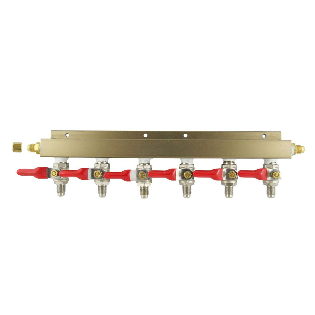 Aluminum Air Distribution, 6-Out 1/4" Male Flare-Shutoff No Check Valve