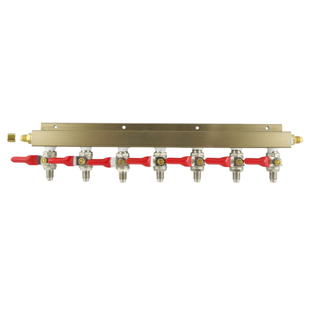 Aluminum Air Distribution, 7-Out 1/4" Male Flare-Shutoff No Check Valve