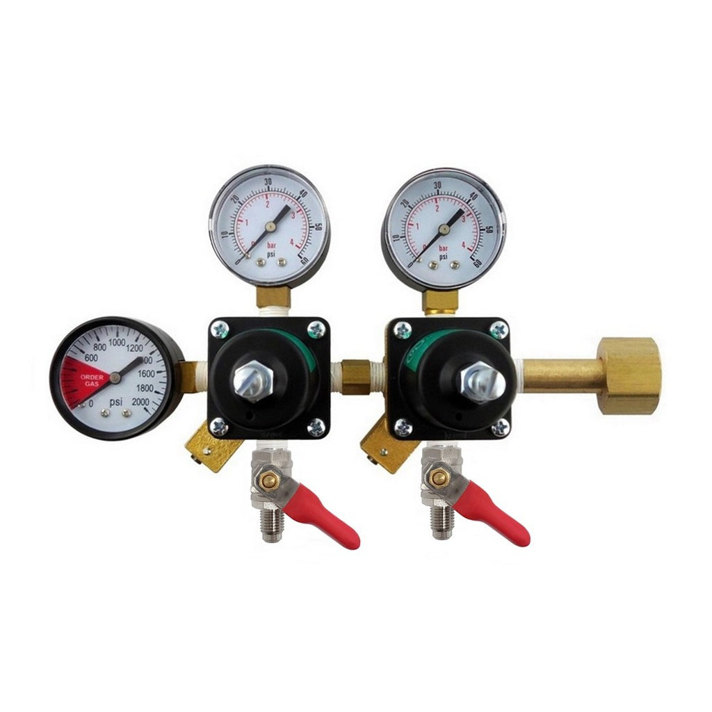 Cornelius Double CO2 Regulator, 1/4" Male Flare Shutoff with Check Valve, 60/60:2000