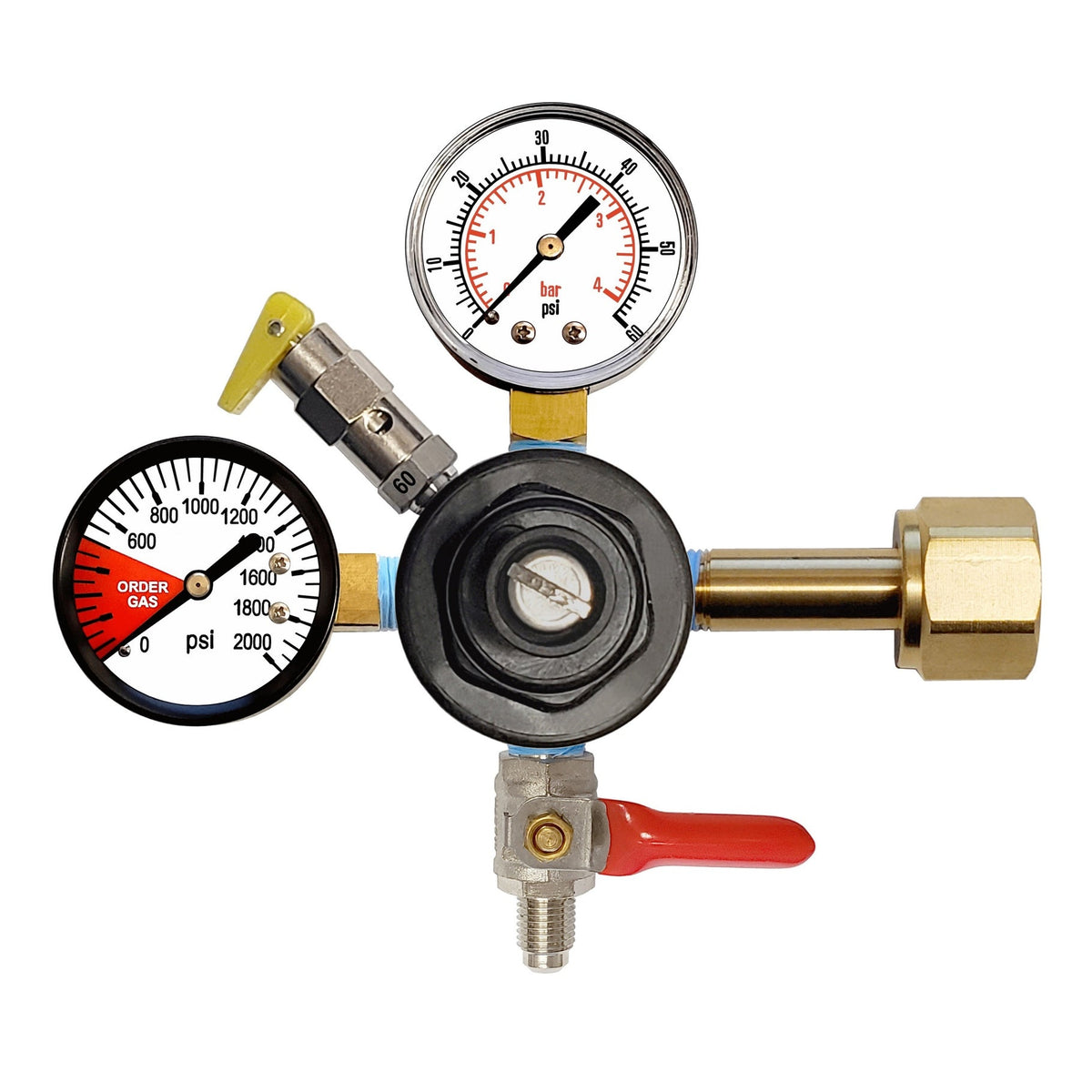 CM Becker CO2 Regulator, Dual Gauge, 60 PSI, 1/4" Male Flare Shutoff with Check Valve