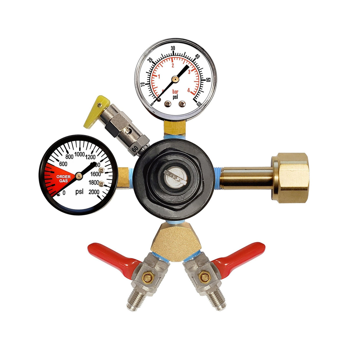 CMBecker CO2 Regulator with Y Fitting, Dual Gauge, 60 PSI, 1/4" Male Flare Shutoff with Check Valve