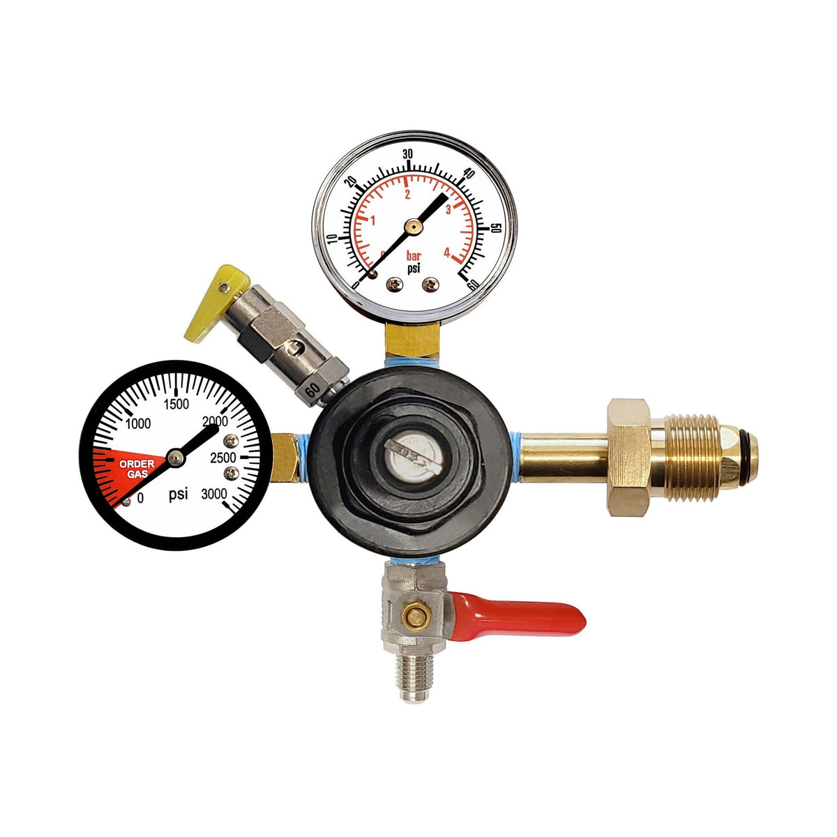 CMBecker Nitrogen Regulator, Dual Gauge, 60 PSI, 1/4" Male Flare Shutoff with Check Valve