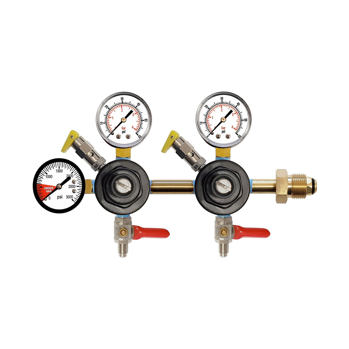 CMBecker Double N2 Regulator, Dual Gauge, 60 PSI, 1/4" Male Flare Shutoff with Check Valve