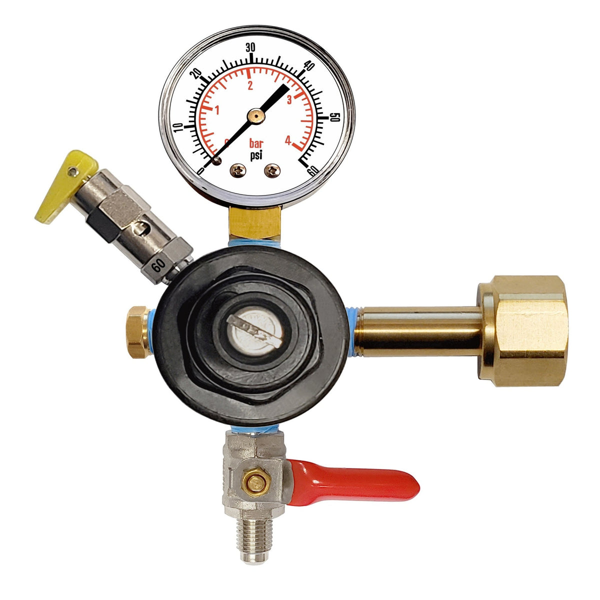 CMBecker CO2 Regulator, Single Gauge, 60 PSI, 1/4" Male Flare, Shutoff with Check Valve
