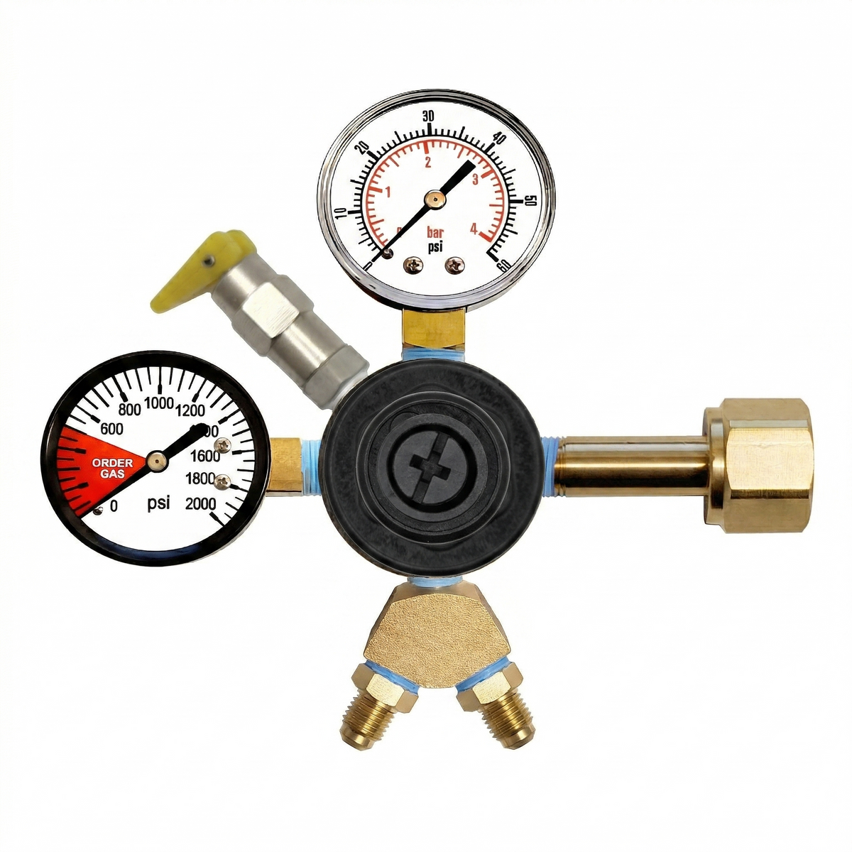 CMBecker CO2 Regulator with Y Fitting, Dual Gauge, 60 PSI, 1/4" Male Flare with Check Valve