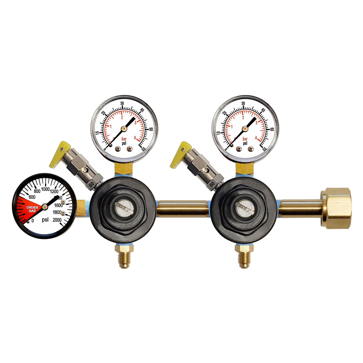 CMBecker Double CO2 Regulator, Dual Gauge, 60 PSI, 1/4" Male Flare with Check Valve