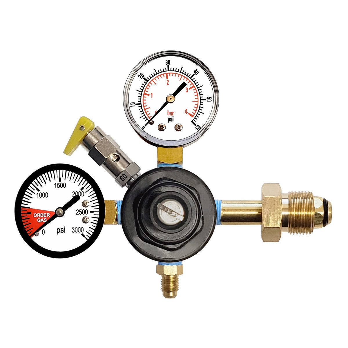 CMBecker Nitrogen Regulator, Dual Gauge, 60 PSI, 1/4" Male Flare with Check Valve