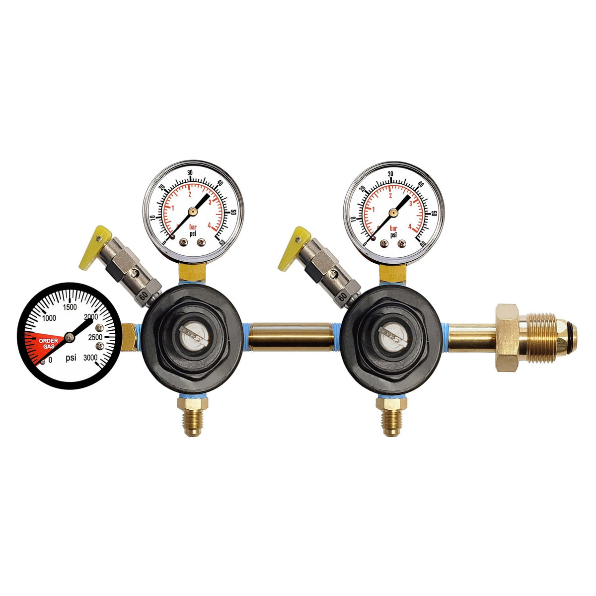 CMBecker Double N2 Regulator, Dual Gauge, 60 PSI, 1/4" Male Flare with Check Valve