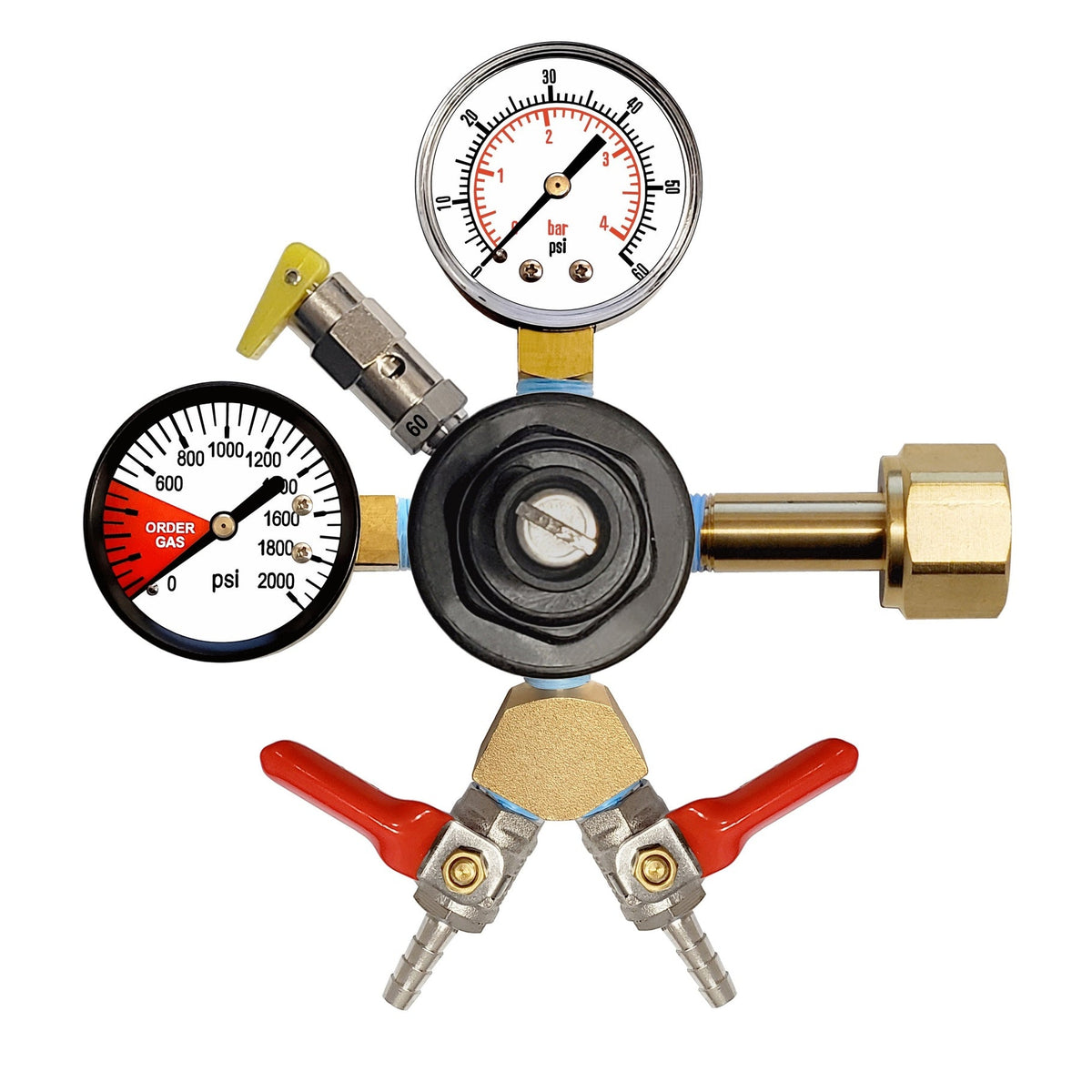 CMBecker CO2 Regulator with Y Fitting, Dual Gauge, 60 PSI, 1/4" Ball Shutoff with Check Valve