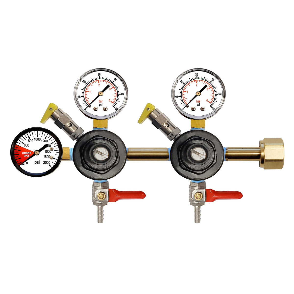 CMBecker Double CO2 Regulator, Dual Gauge, 60 PSI, 1/4" Ball Shutoff with Check Valve