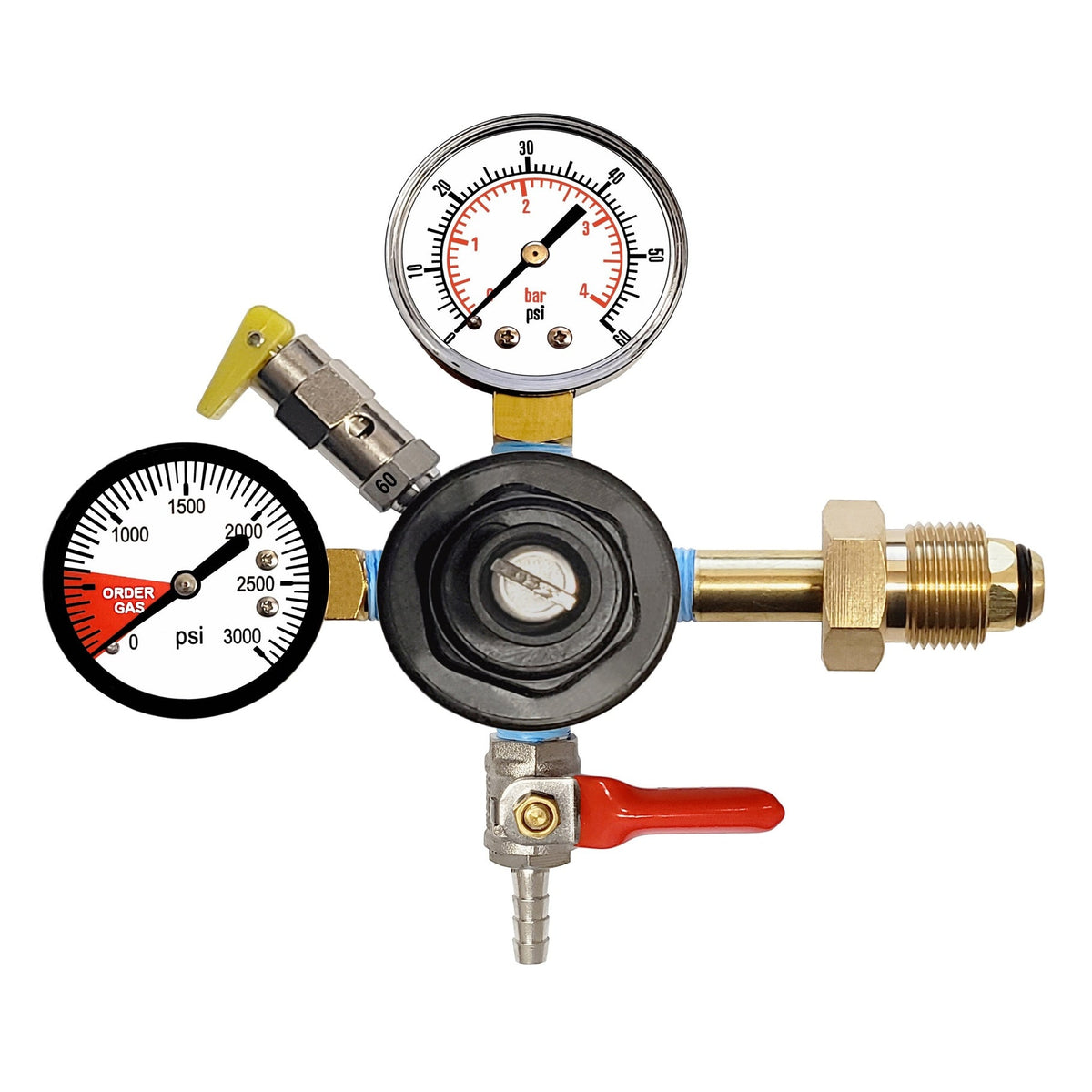 CMBecker Nitrogen Regulator, Dual Gauge, 60 PSI, 1/4" Ball Shutoff with Check Valve