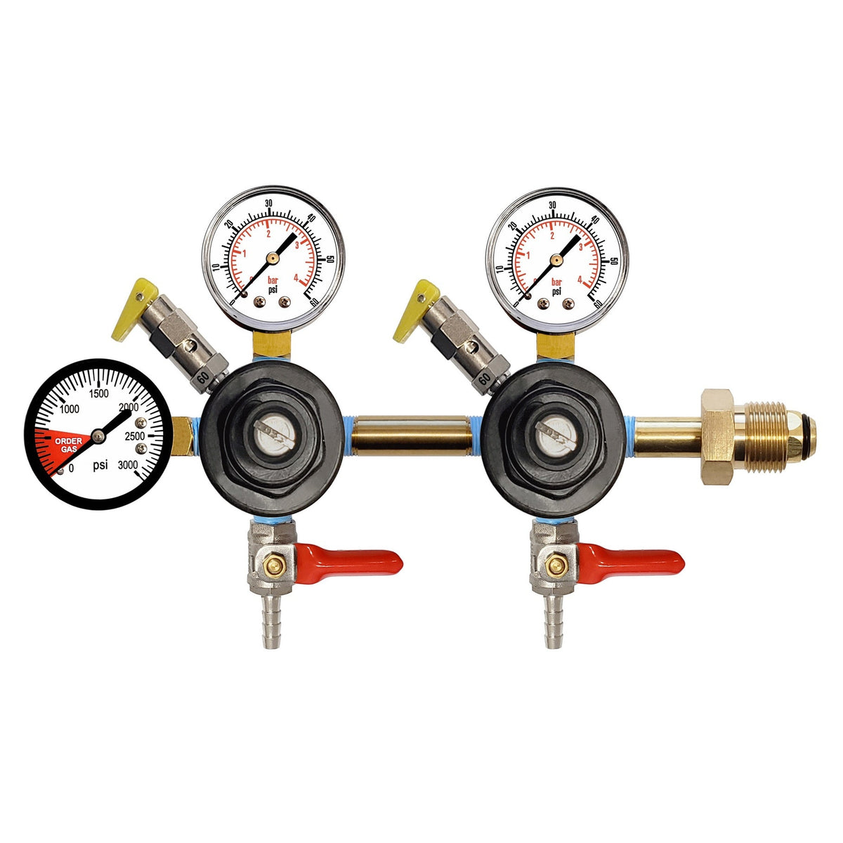 CMBecker Double N2 Regulator, Dual Gauge, 60 PSI, 1/4" Ball Shutoff with Check Valve