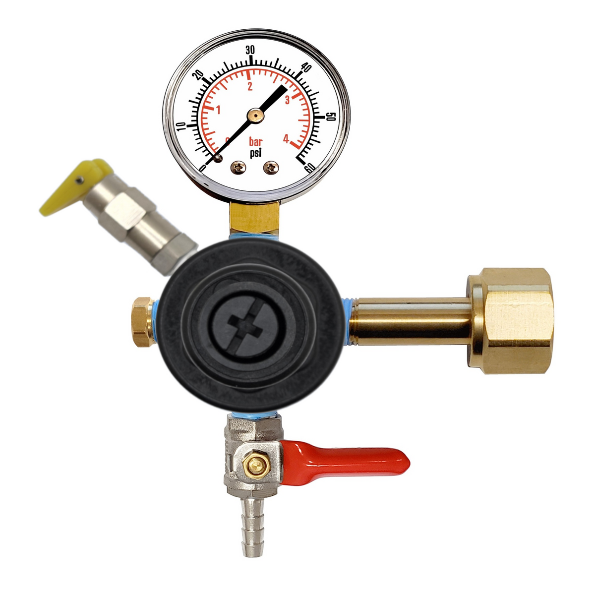 CMBecker CO2 Regulator, Single Gauge, 60 PSI, 1/4" Ball Shutoff with Check Valve