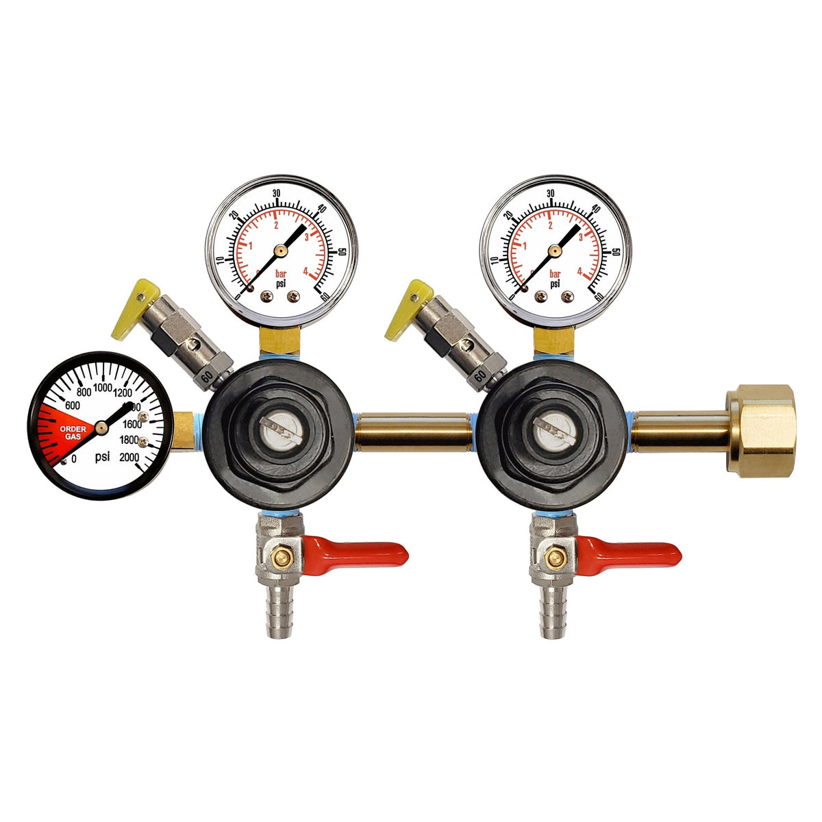 CMBecker Double CO2 Regulator, Dual Gauge, 60 PSI, 3/8" Ball Shutoff with Check Valve