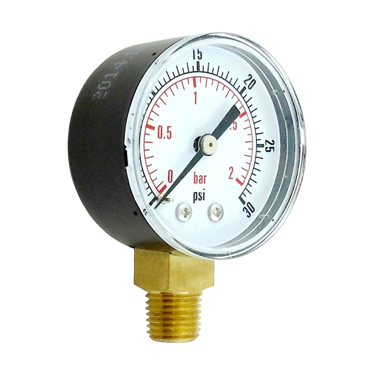 Gauge, 2" Diameter, 30 PSI, 1/4" Male Pipe Thread, Bottom Mount