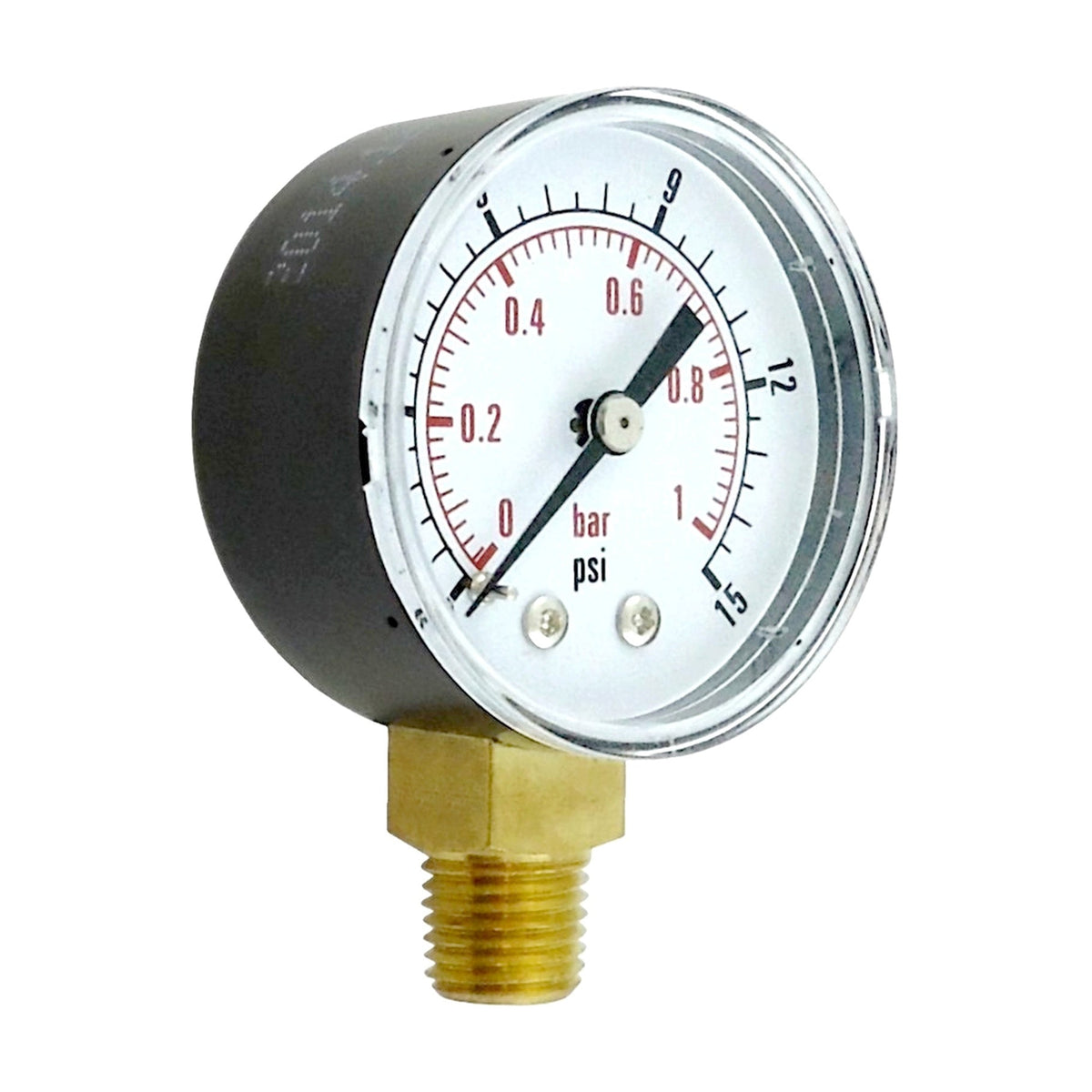 Gauge, 2" Diameter, 15 PSI, 1/4" Male Pipe Thread, Bottom Mount