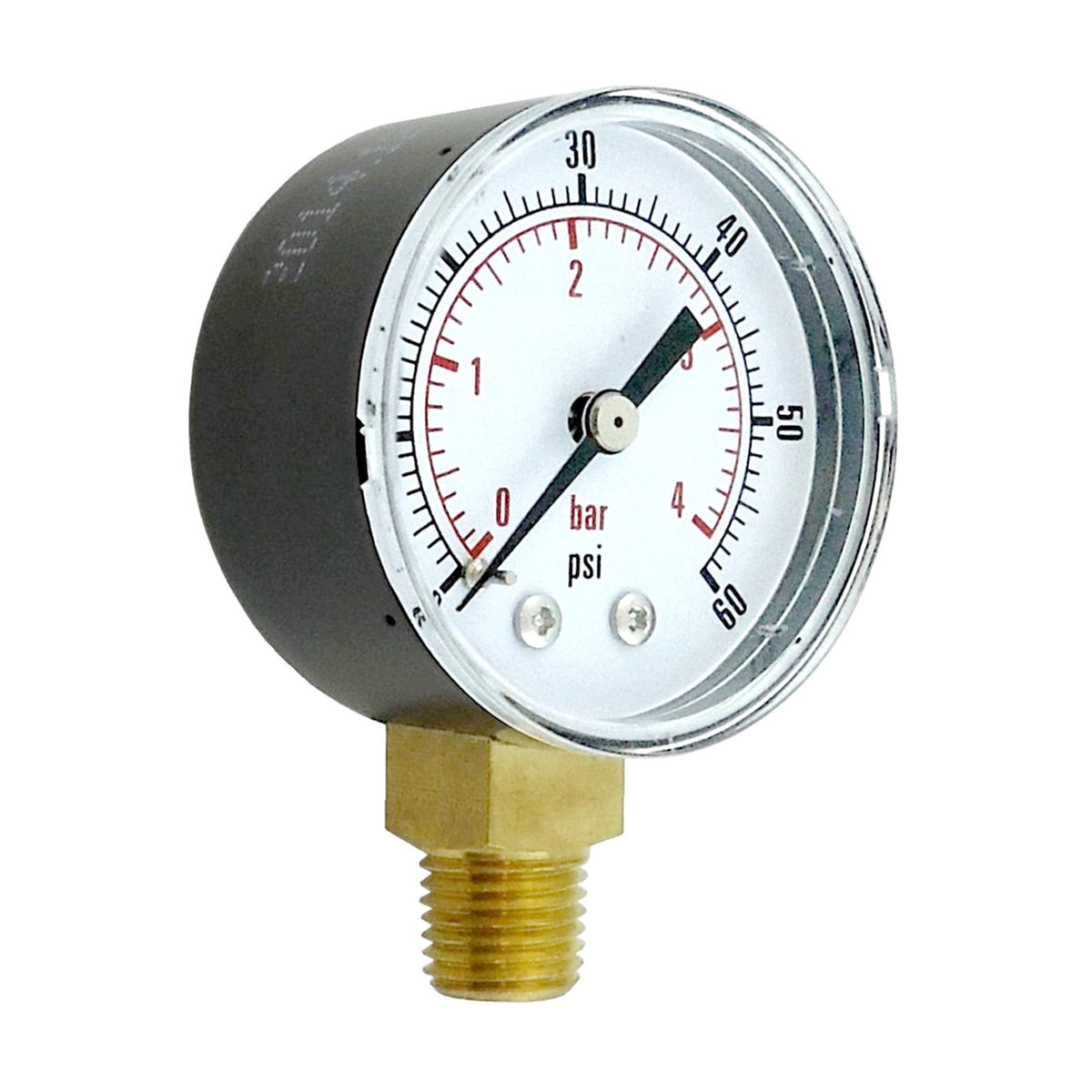 Gauge, 2" Diameter, 60 PSI, 1/4" Male Pipe Thread, Bottom Mount