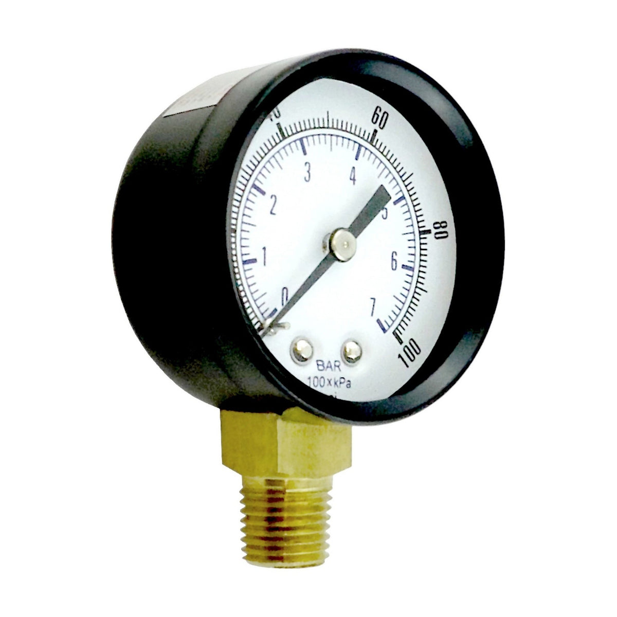 Gauge, 2" Diameter, 100 PSI, 1/4" Male Pipe Thread, Bottom Mount