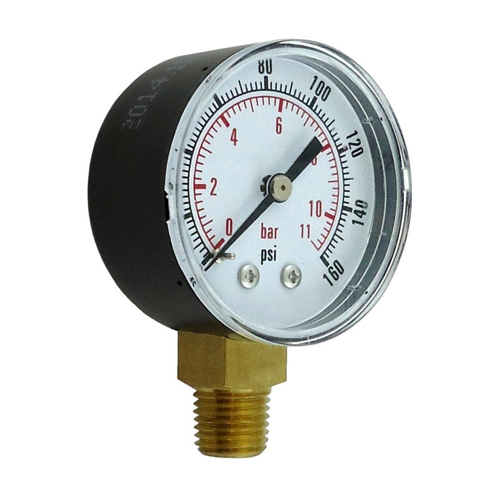 Gauge, 2" Diameter, 160 PSI, 1/4" Male Pipe Thread, Bottom Mount