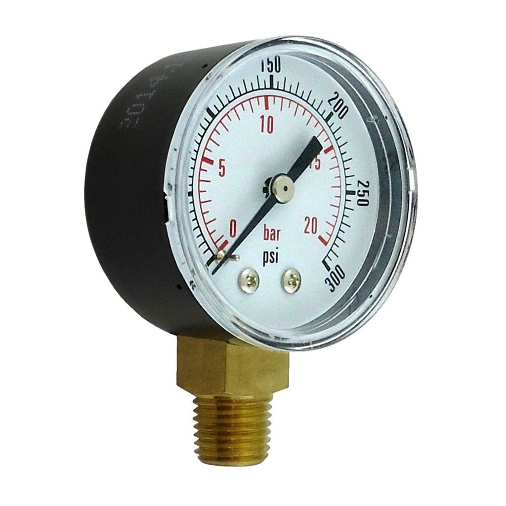 Gauge, 2" Diameter, 300 PSI, 1/4" Male Pipe Thread, Bottom Mount
