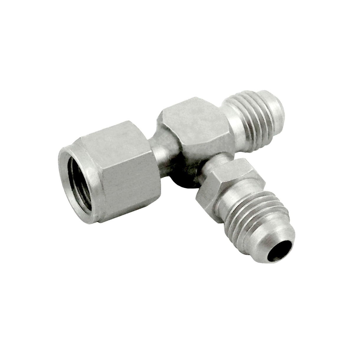 Swivel Tee, 1/4" Female Flare Nut x 1/4" Male Flare x 1/4" Male Flare Stainless Steel