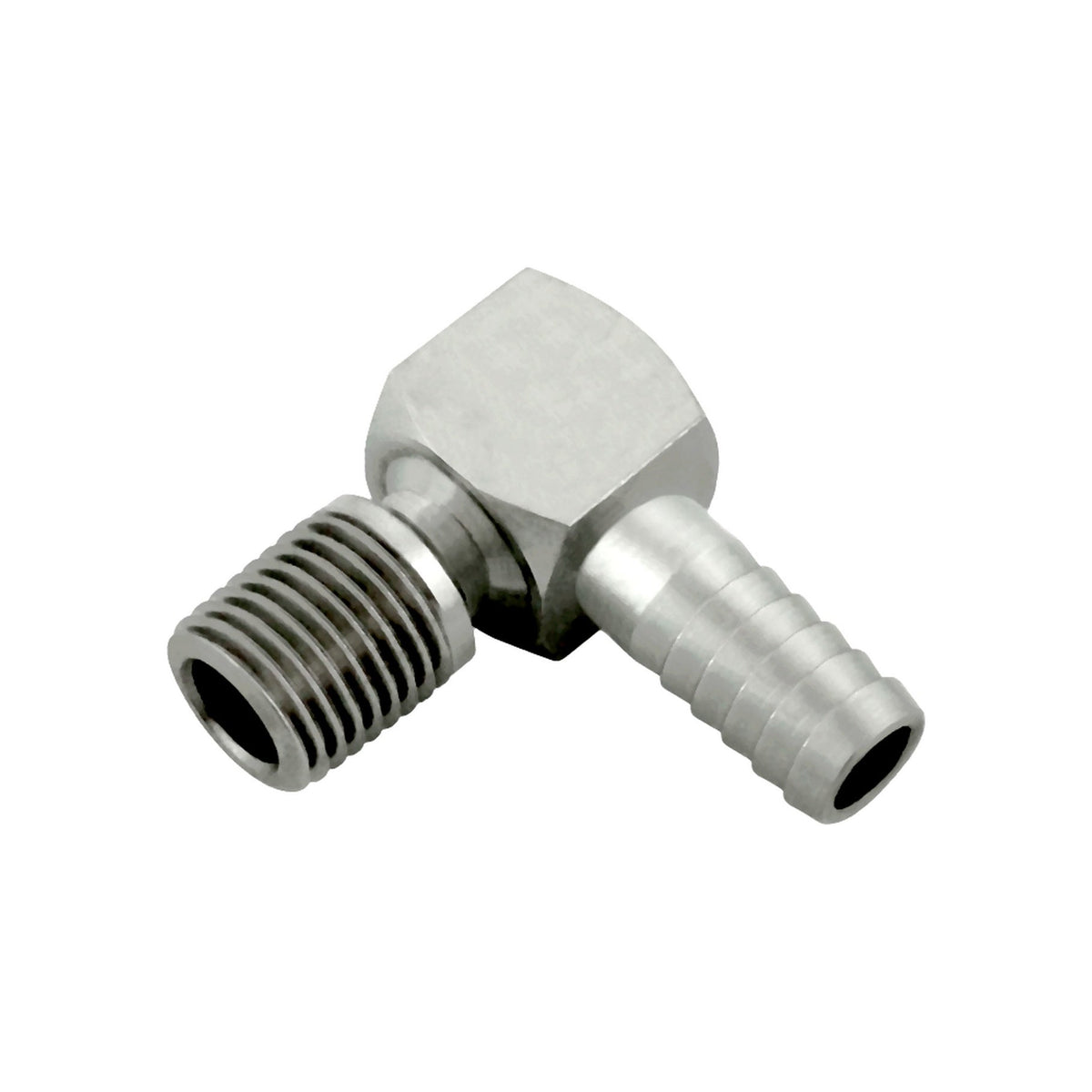 90° Adapter, 3/8" B x 1/4" Male Pipe Thread Stainless Steel