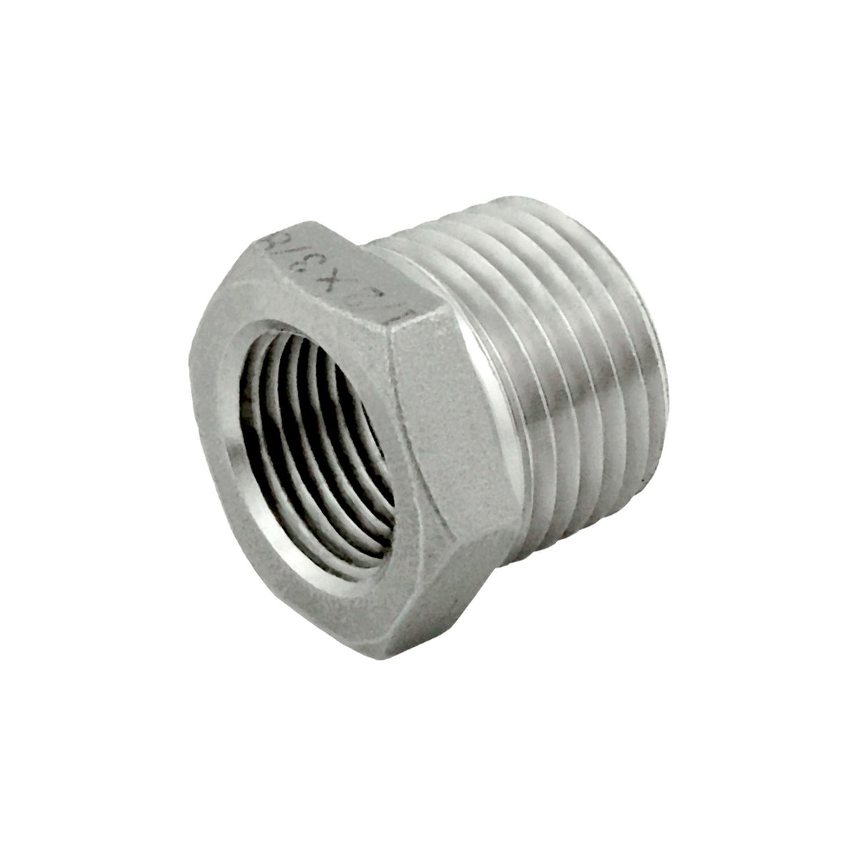 Hex Bushing, 3/8" Female Pipe Thread x 1/2" Male Pipe Thread, 304 Stainless Steel