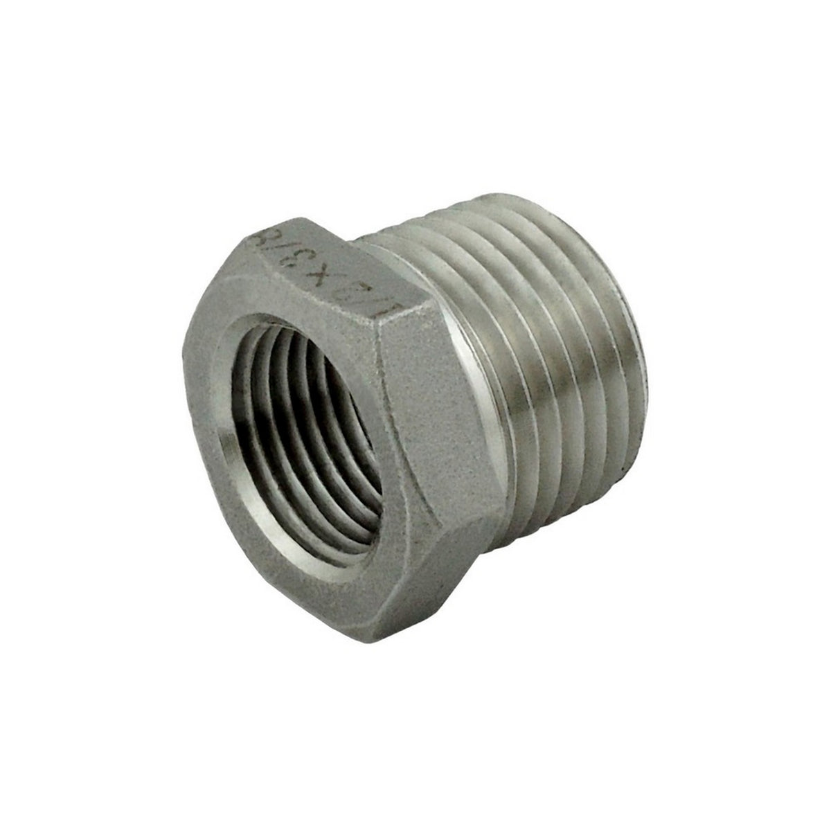 Hex Bushing, 1/2" Female Pipe Thread x 3/4" Male Pipe Thread, 304 Stainless Steel