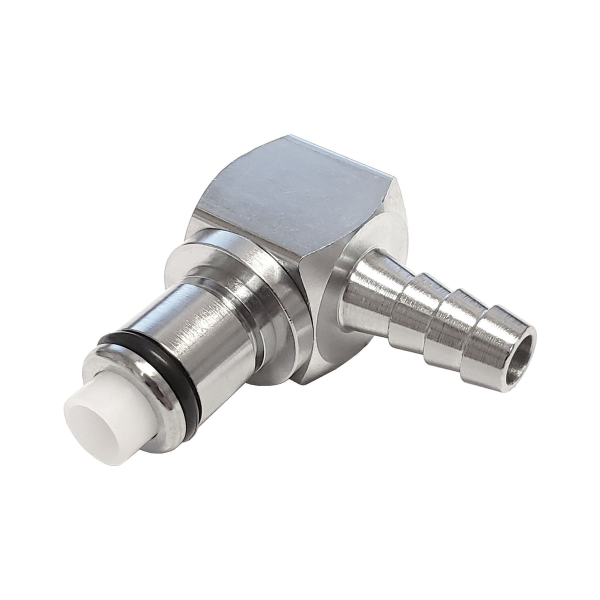 Male Quick Disconnect, 90° Elbow, 1/4" Barb with Shutoff, LC Series