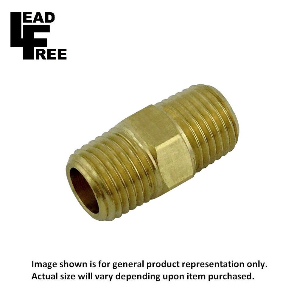 Hex Nipple, 1/4" Male Pipe Thread x 1/4" Male Pipe Thread Lead Free Brass