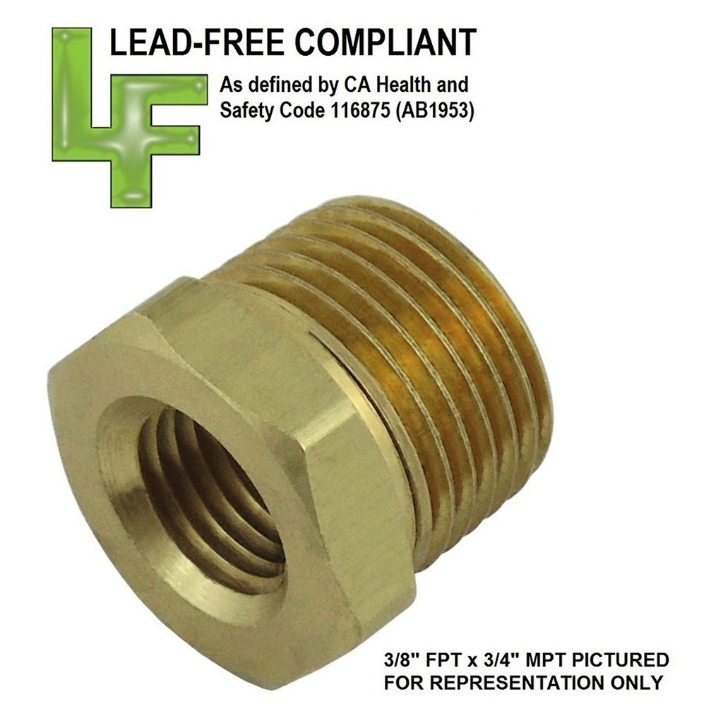 Bushing, 3/8" Female Pipe Thread x 3/4" Male Pipe Thread, Lead-Free Brass