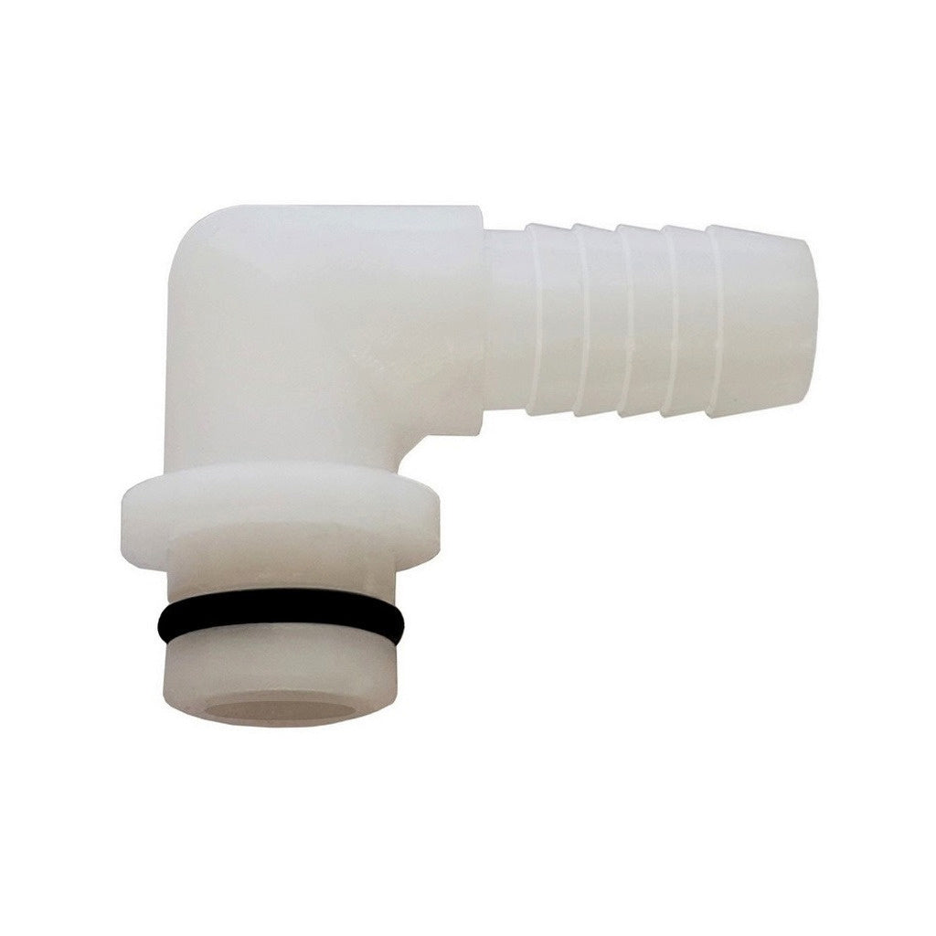 Shurflo Liquid Port Fitting, 90° Elbow, 3/8" Barb, Plastic