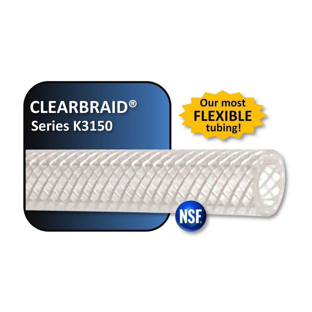 Clearbraid Series K3150 Reinforced Food Grade PVC Beverage Hose, Clear, 3/8" ID x 19/32" OD, 100 ft