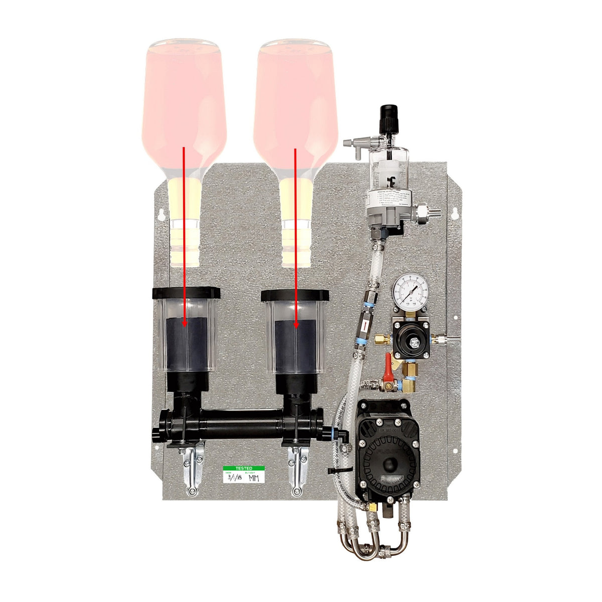 Assembled Panel with 1 Cornelius Secondary Regulator, 1 Liquor Pump, 1 FOB, 2 Bottles
