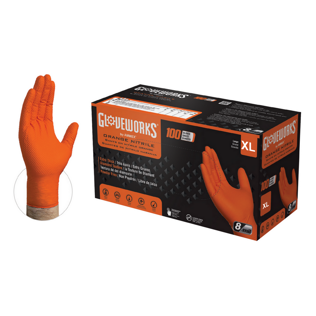 Gloveworks Disposable Nitrile Gloves, Heavy Duty, Orange, 8 Mil, Size X-Large