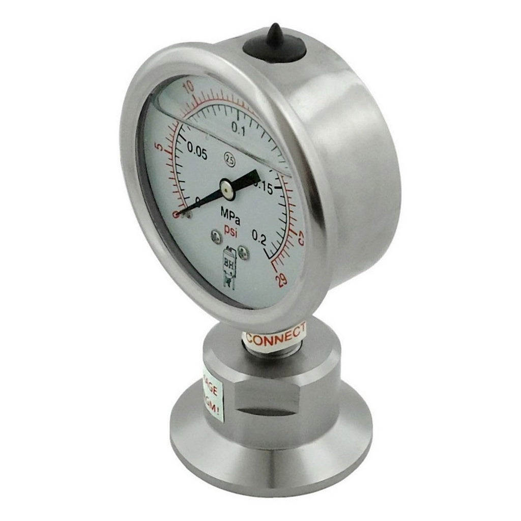 Bottom Mount Gauge, Tri Clover Compatible, 1.5" Cap, 30 PSI, 304 Stainless Steel