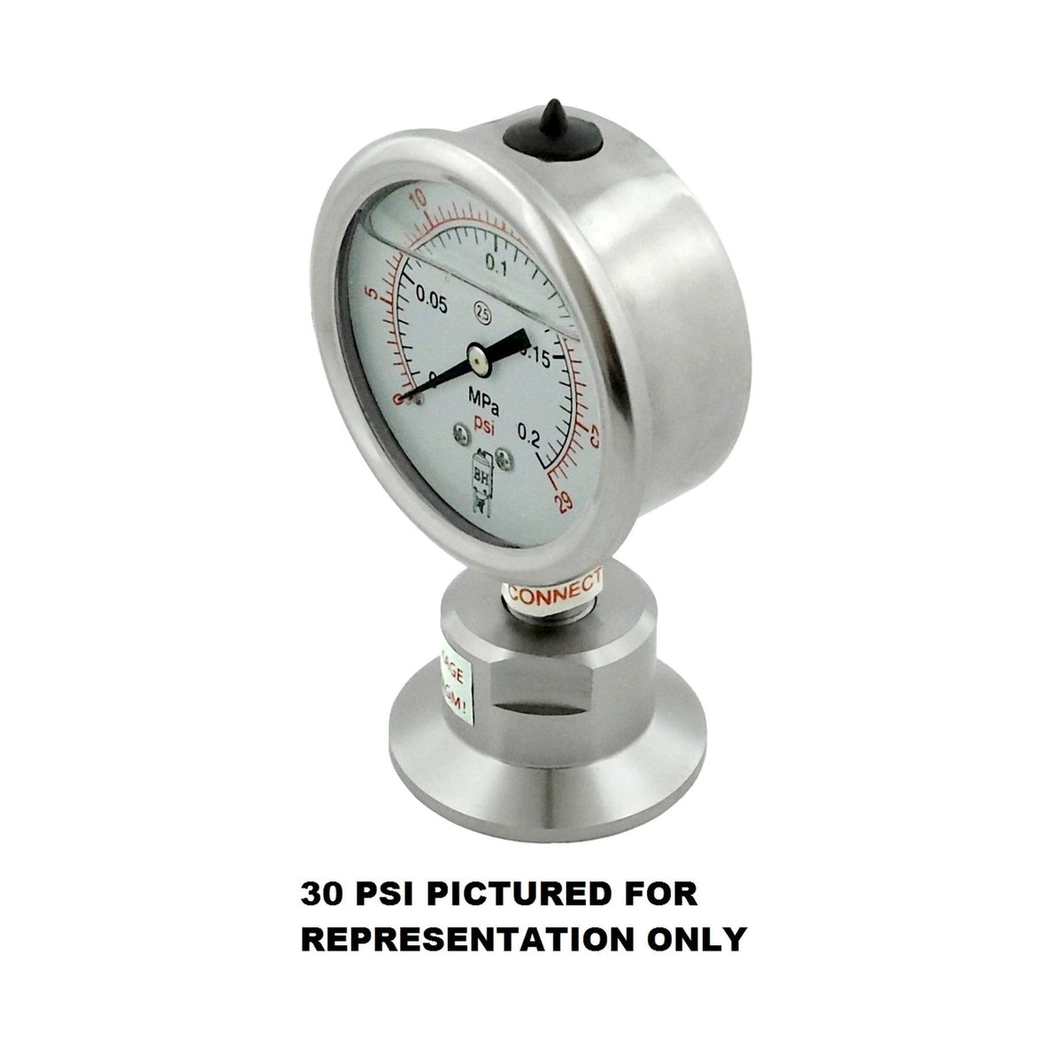 Bottom Mount Gauge, Tri Clover Compatible, 1.5" Cap, 60 PSI, 304 Stainless Steel