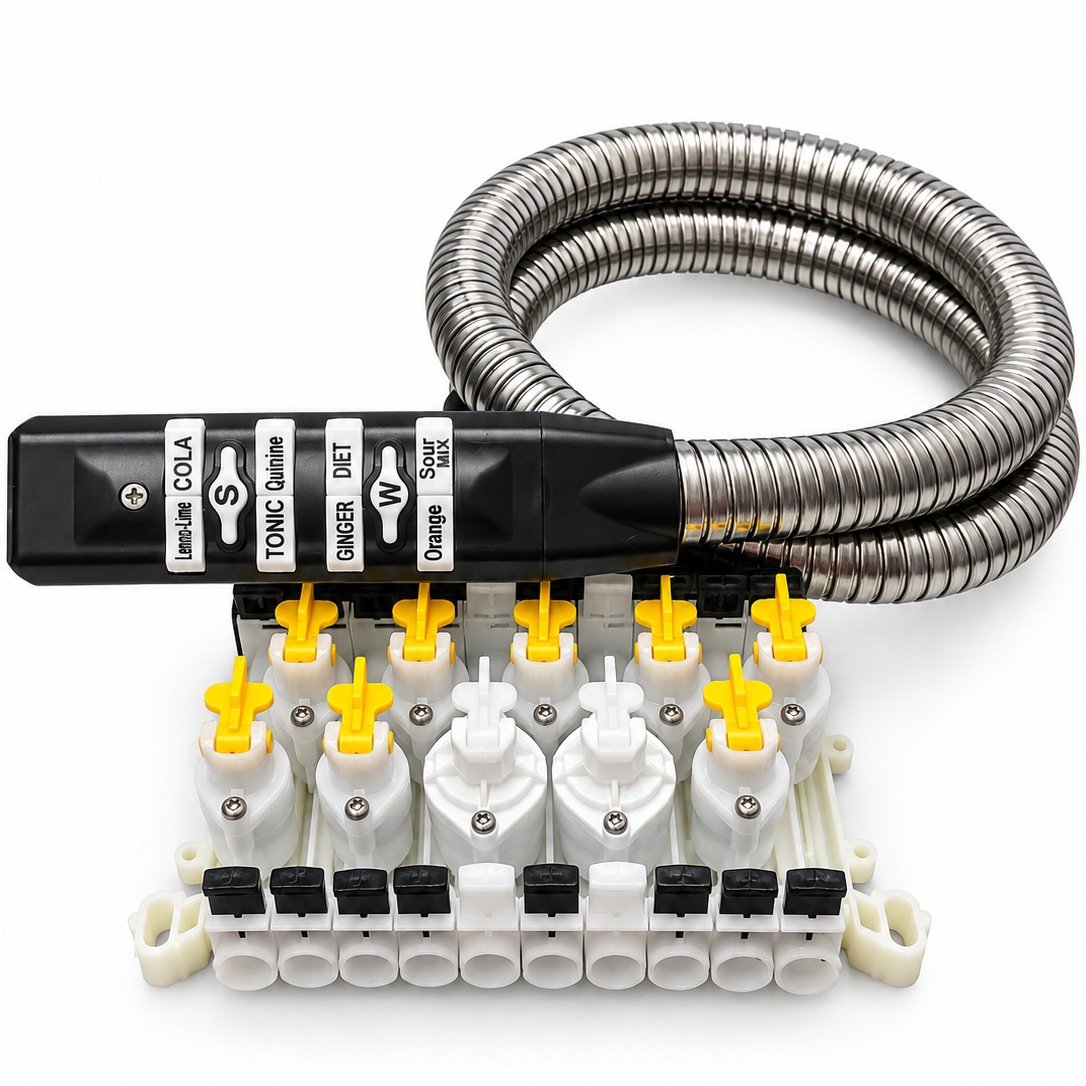 Wunder-Bar M5 10-button postmix bargun and manifold with stainless-sheathed hose