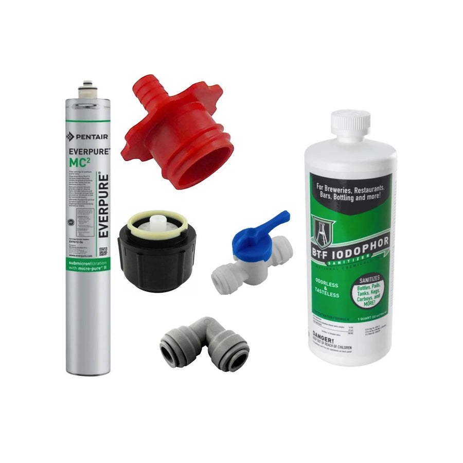 Holiday prep parts: water filter cartridge, BIB cleaning adapter, nozzle, push-in fittings and sanitizer