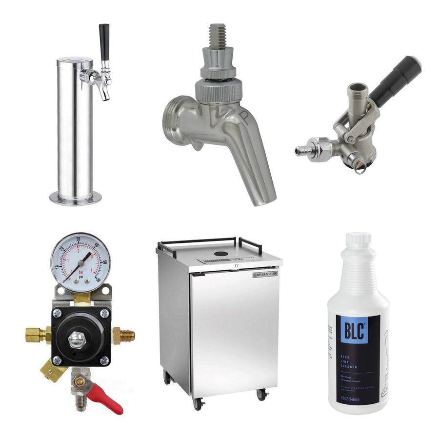 NA draft parts: single-faucet beer column, stainless forward-sealing faucet, stainless keg coupler, secondary regulator, direct-draw cooler and line cleaner